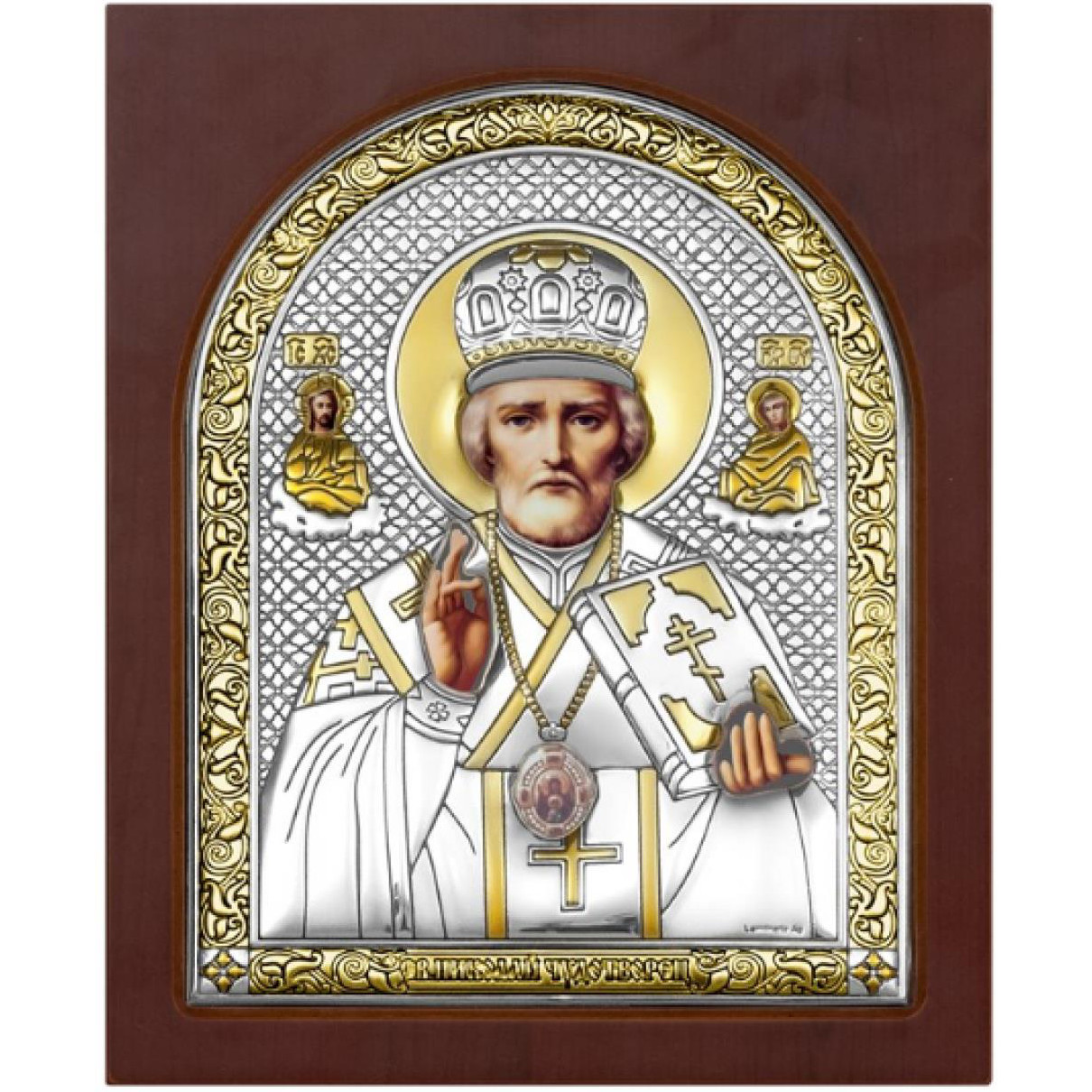 Икона с деревом и серебром 999 пробы Николай Чудотворец святой СПМ2-НЧ