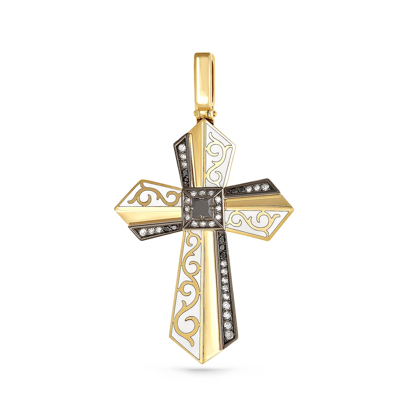 Крест из лимонного золота с бриллиантом и чёрным бриллиантом арт. 3-2315-2010 3-2315-2010