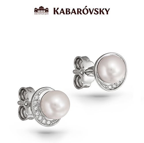Серьги пусеты из серебра с жемчугом и с кристаллом сваровским KABAROVSKY 2-013-1500 2-013-1500