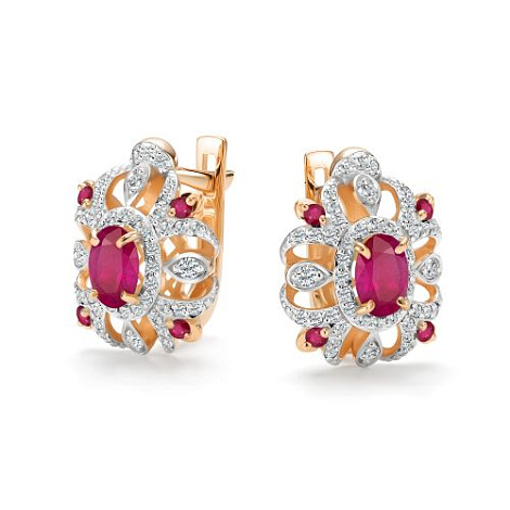 Серьги из золота с бриллиантом и с рубином Алькор 27204-103 27204-103