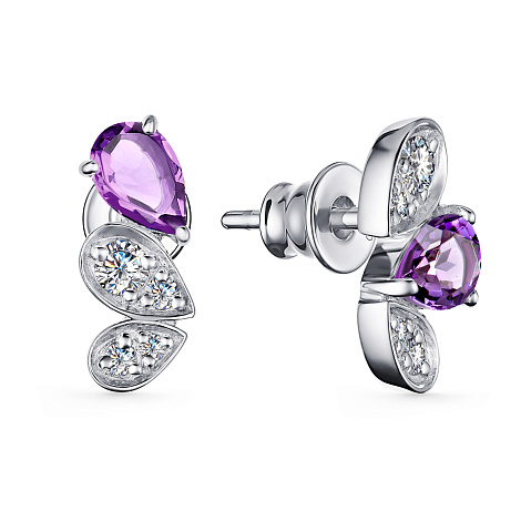 Серьги пусеты из серебра с фианитом и с аметистом Алькор 02-3472/00ам-00 02-3472/00ам-00